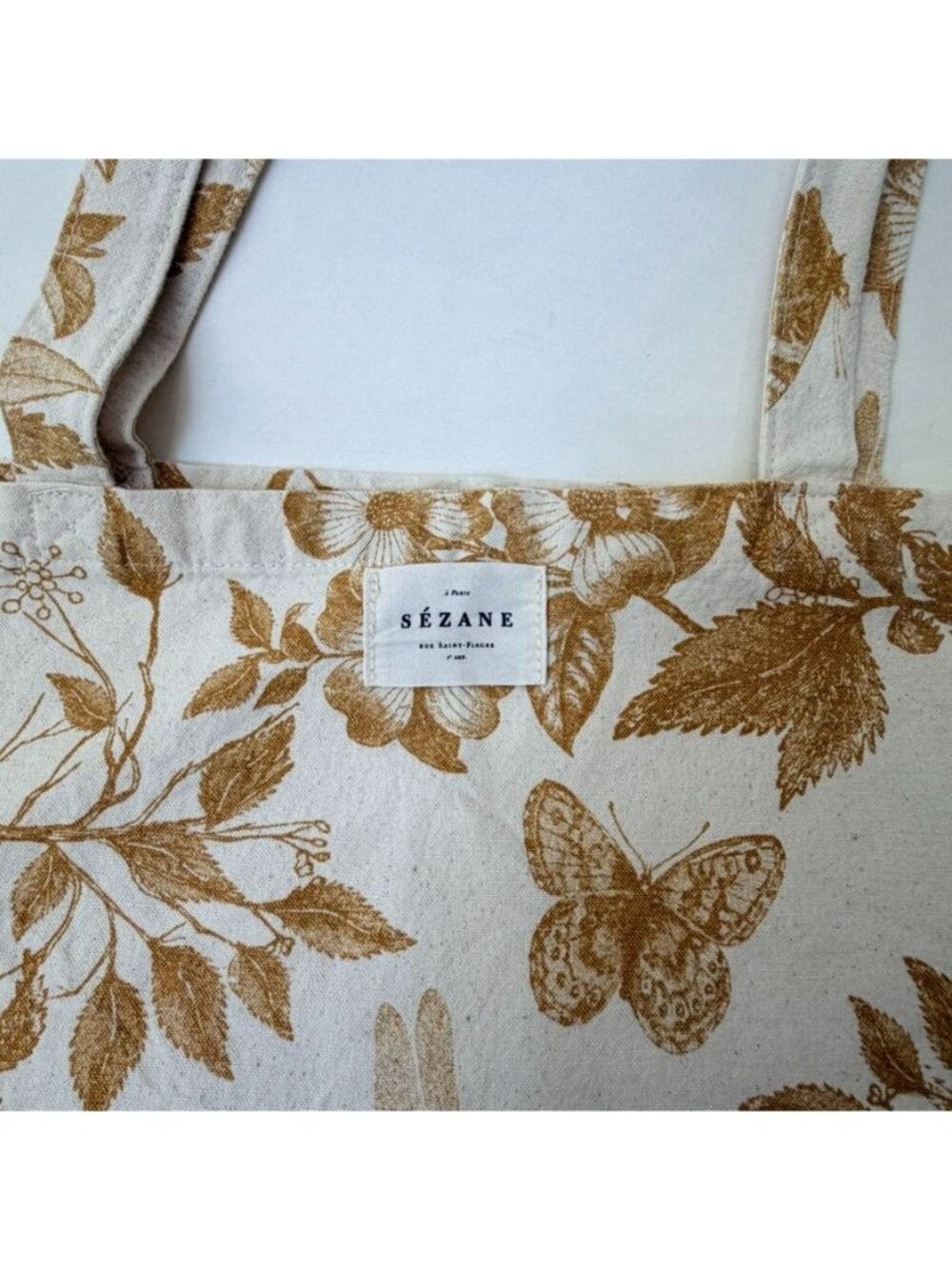 Sézane Organic Cotton Canvas Tote Bag Floral Butterfly Dragonfly Green Yellow - Picture 5 of 8